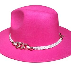 Chic Pink Fedora Felt Hat With Gold Rope Accent Halloween Night Out